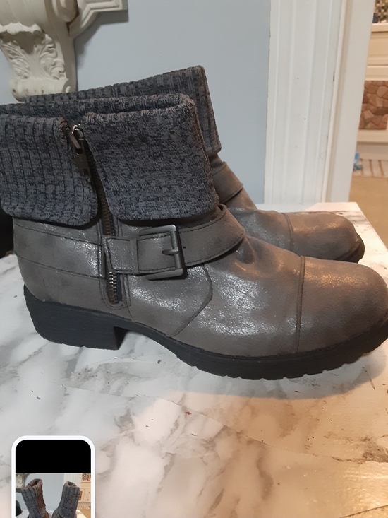 leather boots Shoes - Gray Fold-Over Knit Cuff Ankle Bootie with Buckle